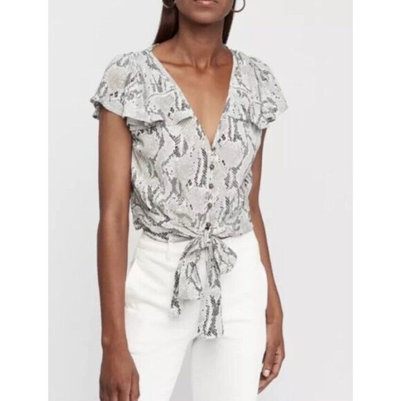 Express Tops - NWT Express Womens Blouse Snake Python Front Tie Ruffled Soft Rayon Top Size L